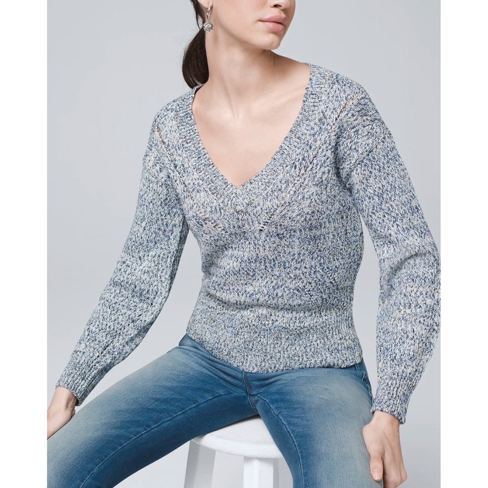 White House Black Market NWT Sz S blue multicolor knit v-neck pullover‎ sweater